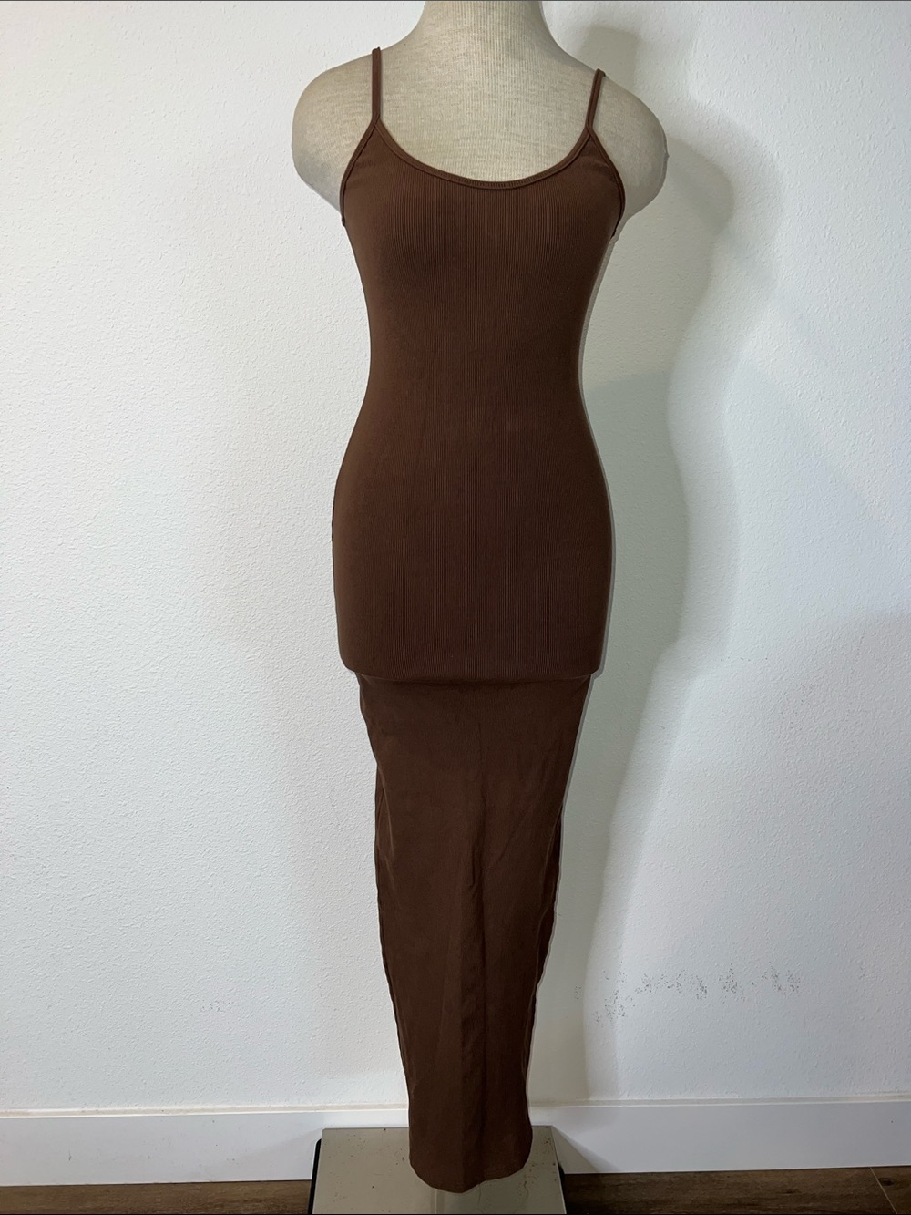 Bumpsuit Brown Ribbed Spaghetti Strap Maxi Dress